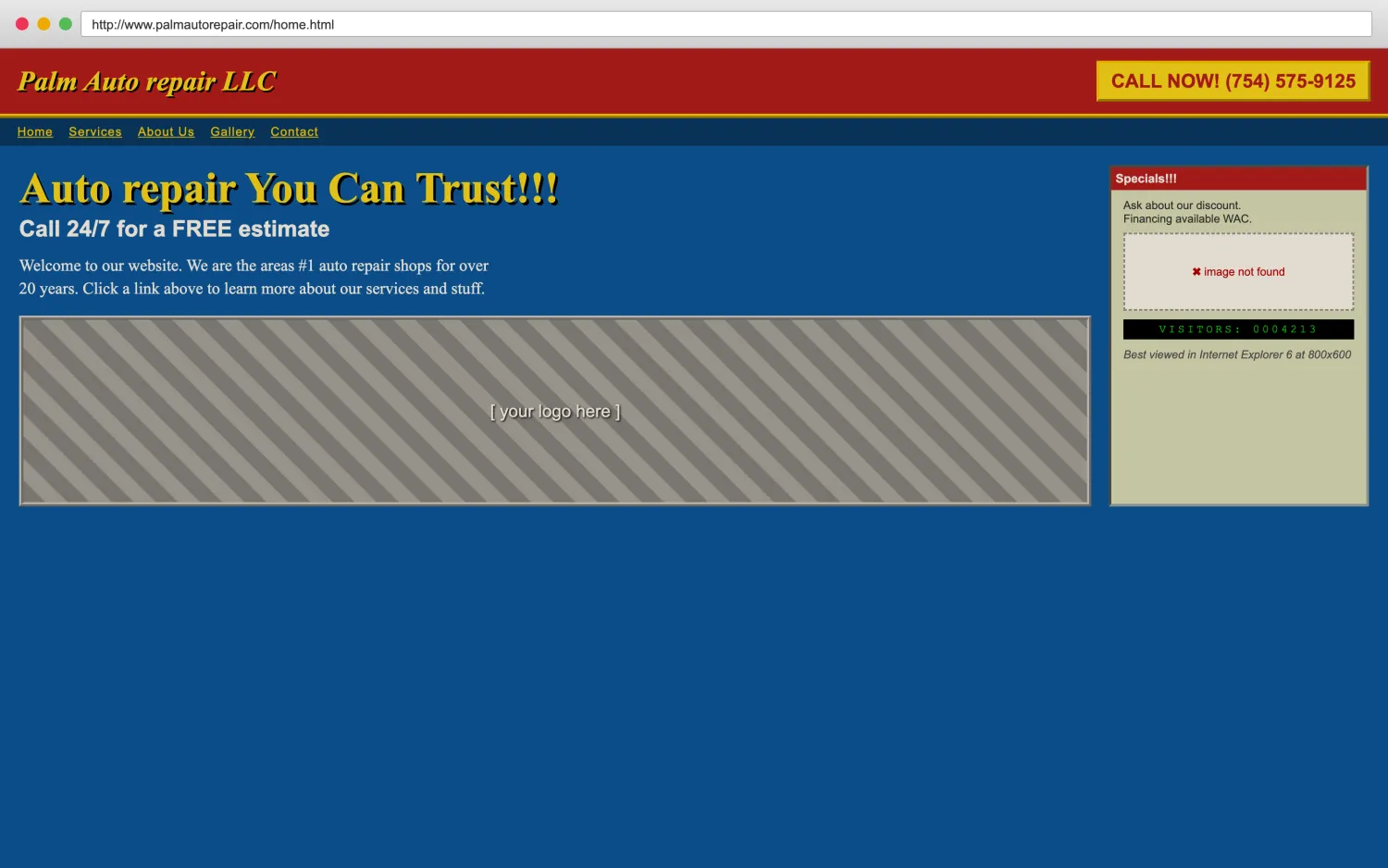 Illustrative example of a dated, broken auto repair website with clashing colors, a missing image, and hard-to-read layout.