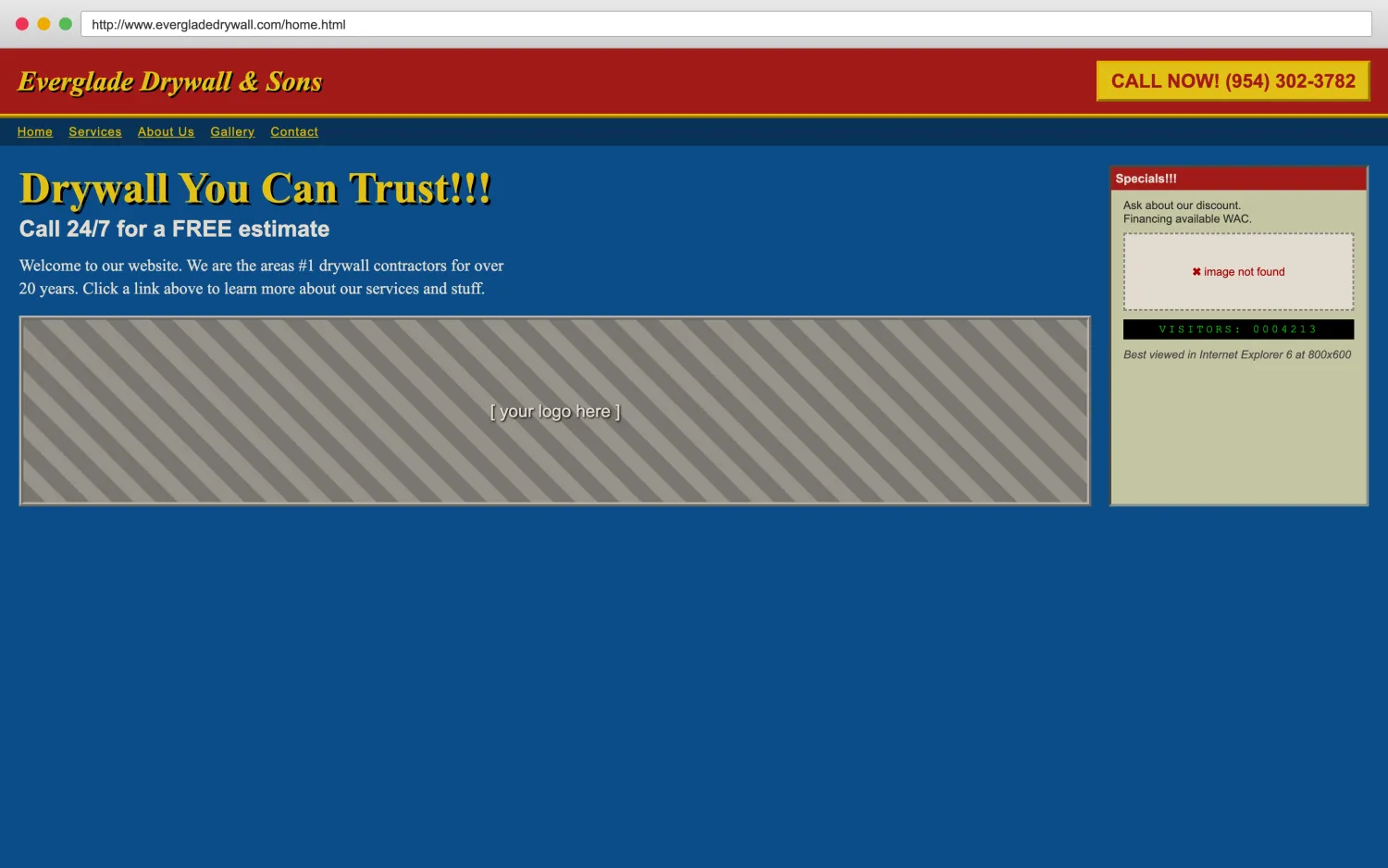 Illustrative example of a dated, broken drywall website with clashing colors, a missing image, and hard-to-read layout.