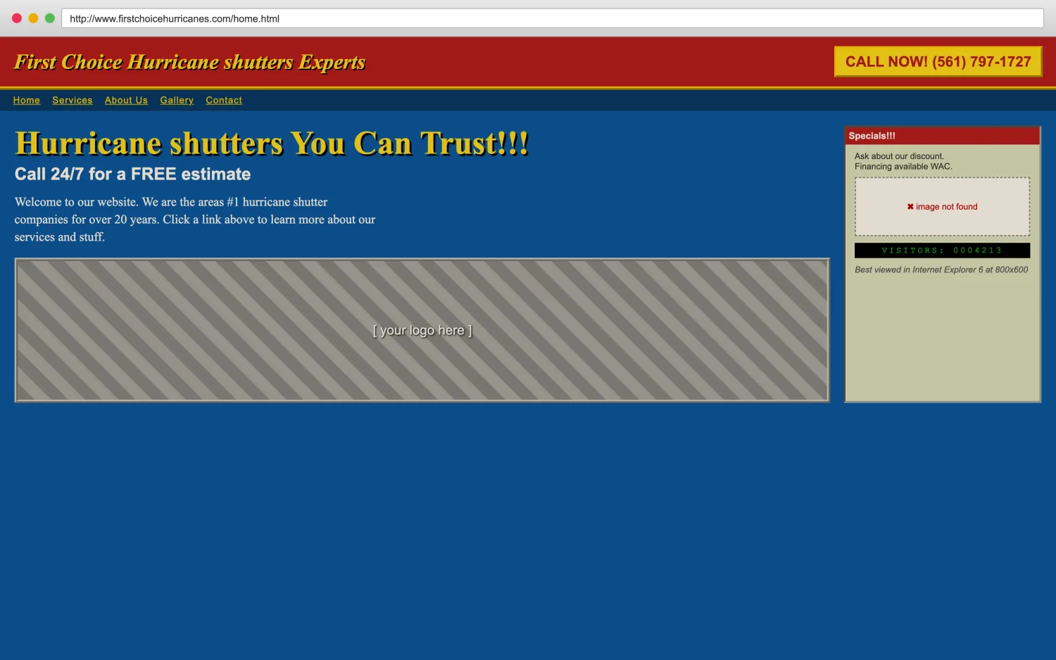 Illustrative example of a dated, broken hurricane shutters website with clashing colors, a missing image, and hard-to-read layout.