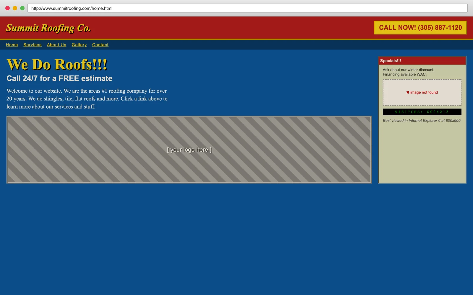 Illustrative example of a dated, broken roofers website with clashing colors, a missing image, and hard-to-read layout.