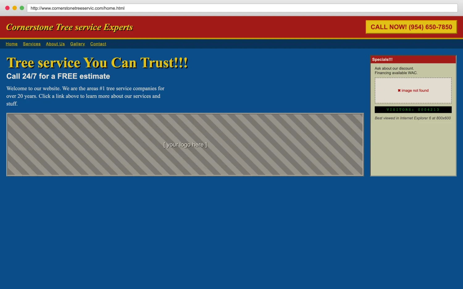 Illustrative example of a dated, broken tree service website with clashing colors, a missing image, and hard-to-read layout.