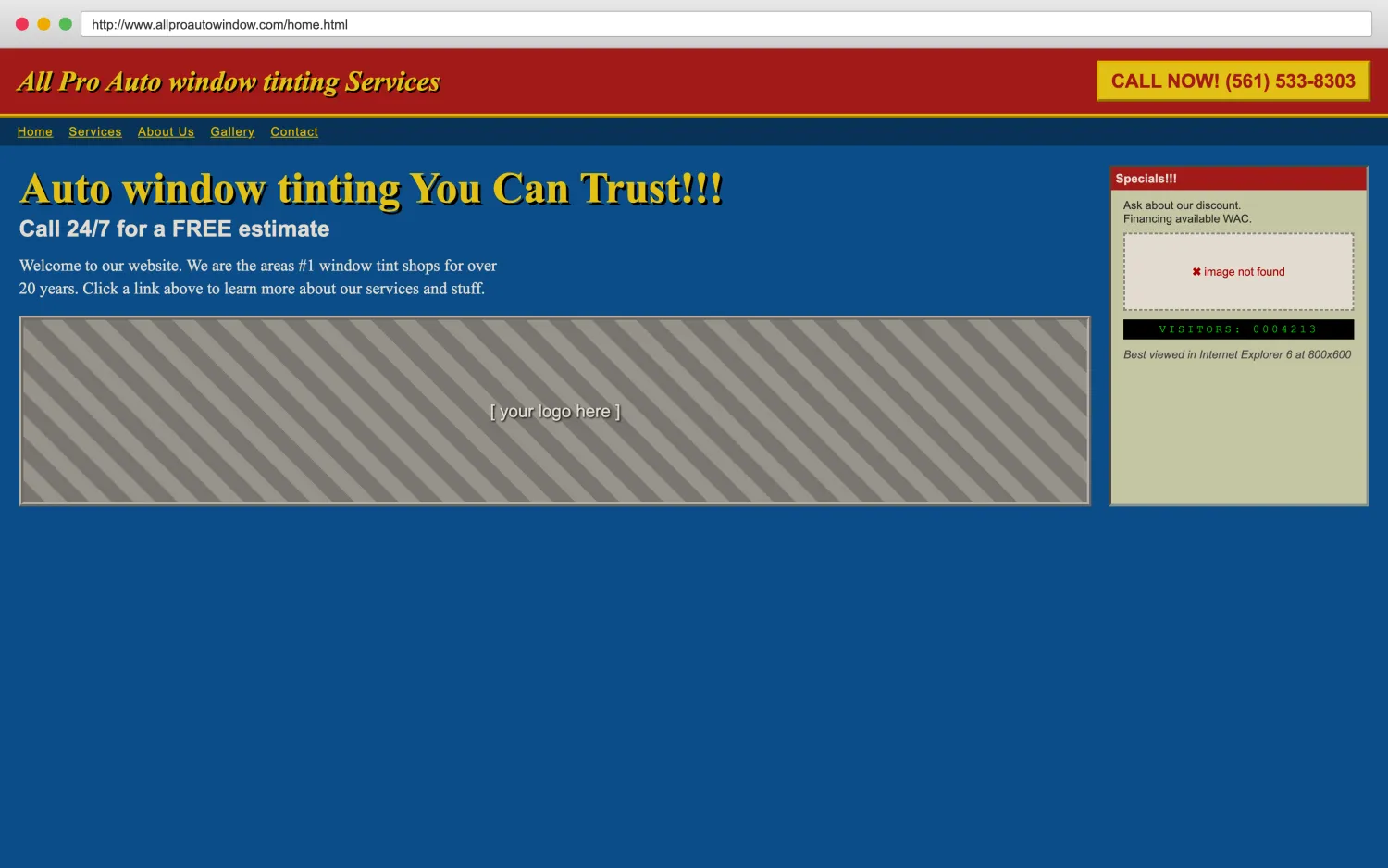 Illustrative example of a dated, broken auto window tinting website with clashing colors, a missing image, and hard-to-read layout.