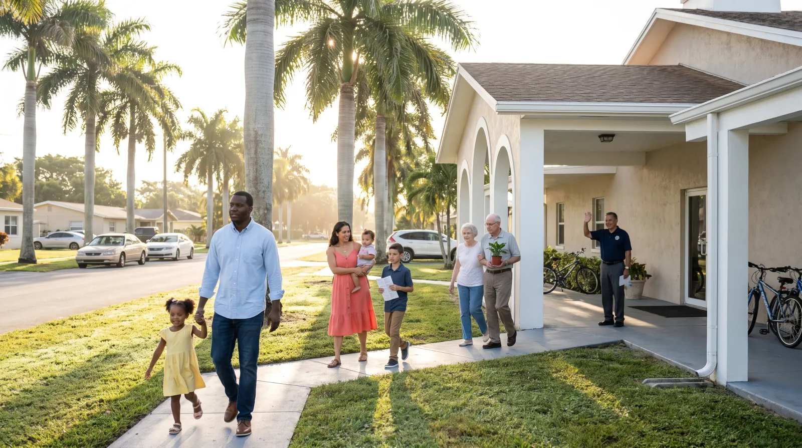 Local SEO for Churches in South Florida | FoundRank.ai Diverse families walk up the palm-lined entrance path of a modern South Florida church on a bright Sunday morning as a greeter welcomes them inside.