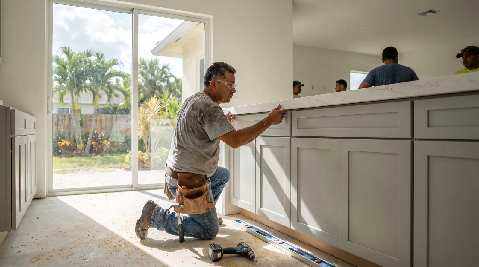 Local SEO for Remodelers and contractors in South Florida | FoundRank.ai A contractor kneels while installing a white quartz countertop onto new kitchen cabinets during a home renovation in South Florida.