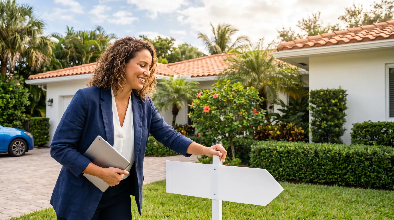A smiling real estate agent places an open-house directional sign on the lawn of a Mediterranean-style South Florida home with a barrel-tile roof and tropical landscaping.