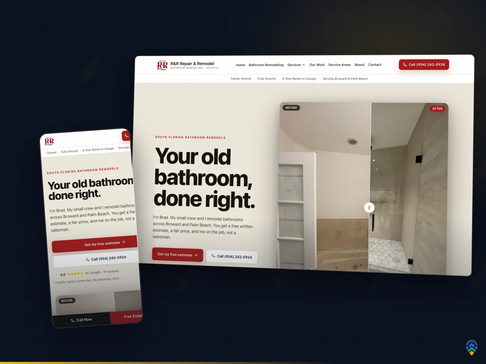 R&R Repair & Remodel bathroom remodeling website by FoundRank.ai, shown on desktop and mobile against the FoundRank chevron backdrop.
