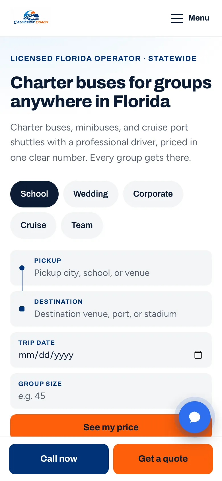 Causeway Coach mobile website homepage showing a charter bus trip quote form.