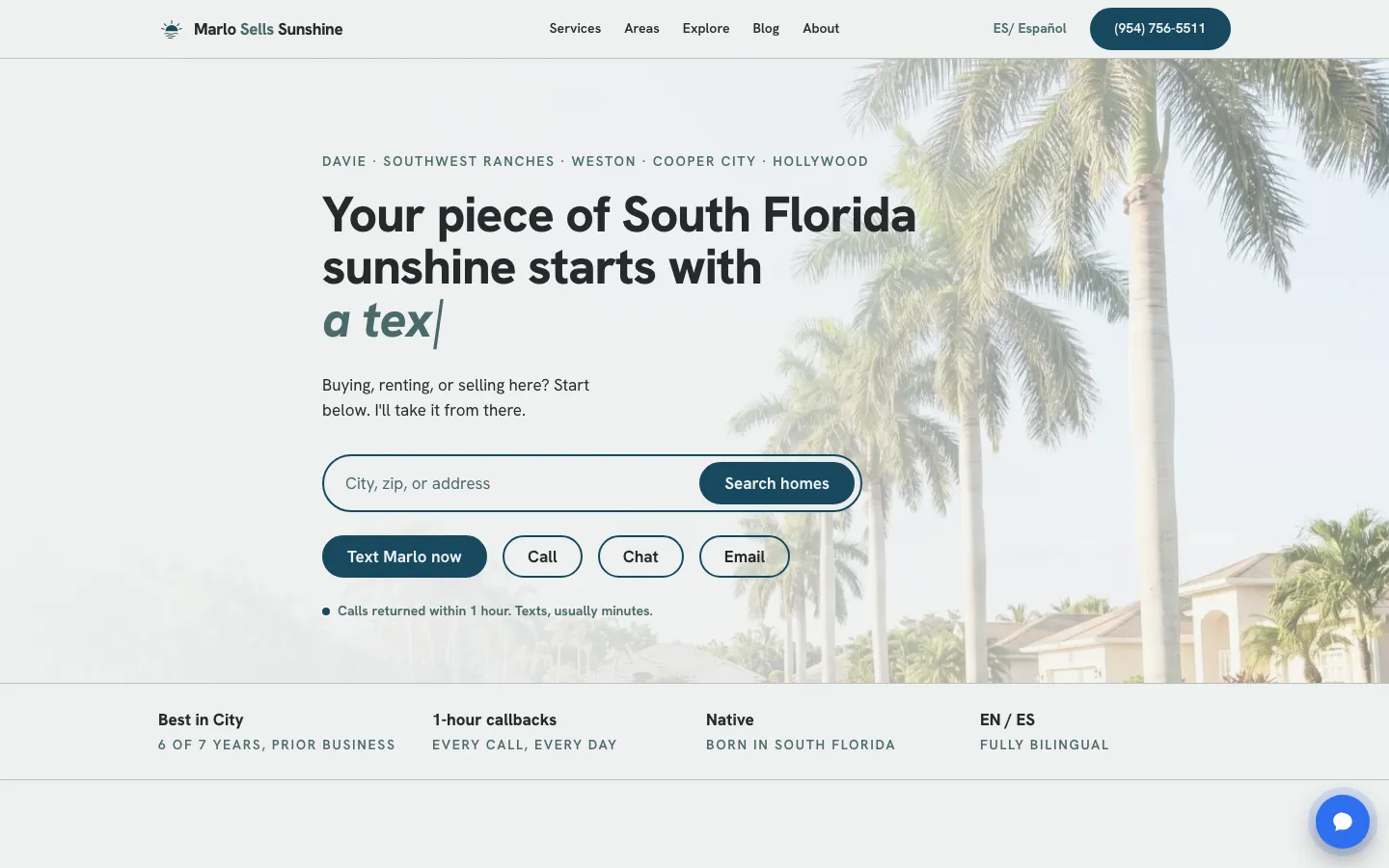 Marlo Sells Sunshine real estate homepage with a home search bar and palm trees.