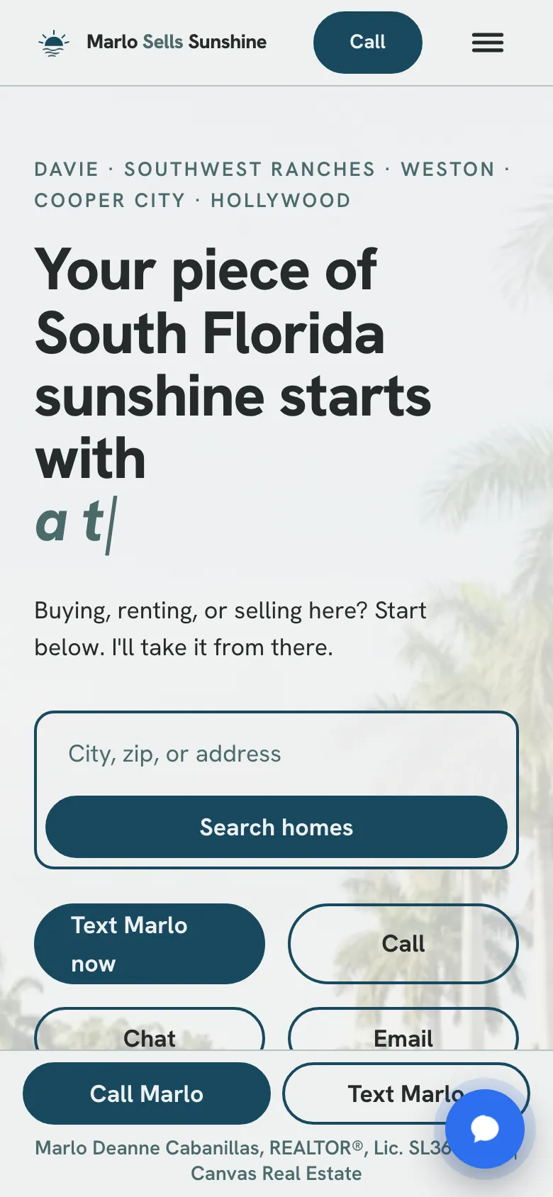Marlo Sells Sunshine real estate mobile website homepage with a home search box.