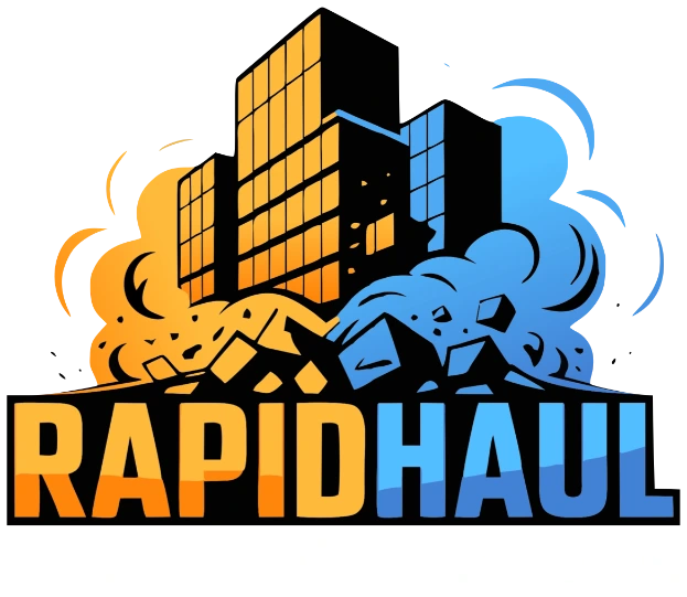 Rapid Haul Services logo with orange and blue lettering, buildings and dust clouds.