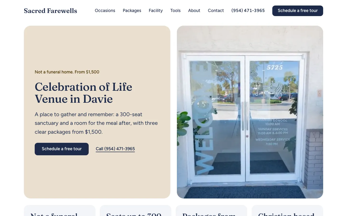 Sacred Farewells homepage showing the Davie celebration of life venue and tour button.