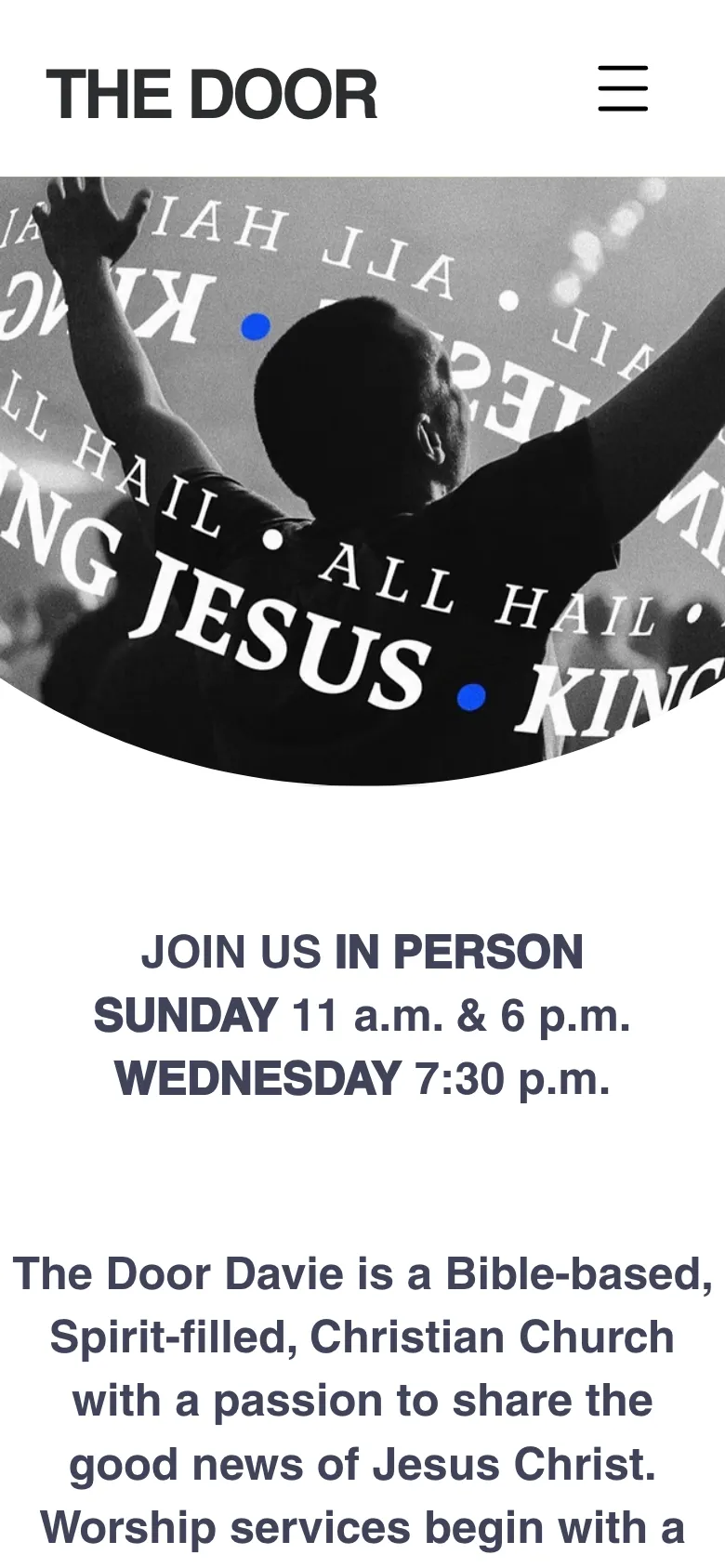 The Door Davie church mobile website homepage showing Sunday and Wednesday service times.