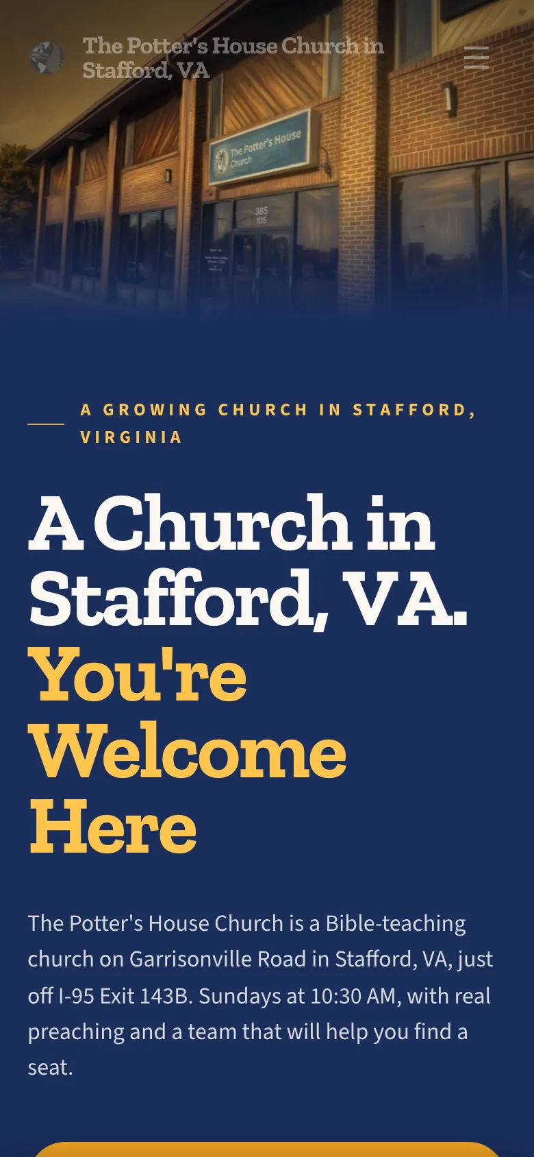 The Potter's House Stafford mobile website homepage reading You're Welcome Here.